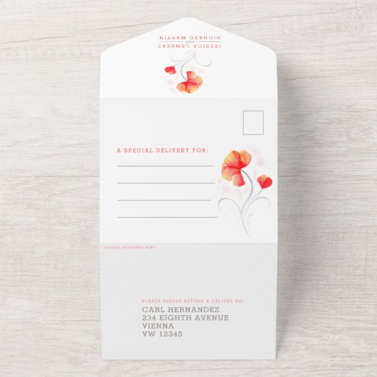 Orangefarbene Blume, graue, wirbelnde Aquarellfarb All In One Einladung (Außenbereich)