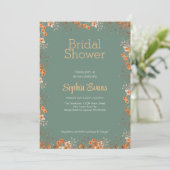 Orangefarbene Blume Grenz-Grünes Brautparty Einladung (Stehend Vorderseite)