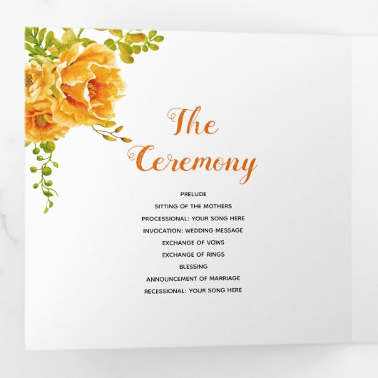 Orangefarbene Blume, grüne Blätter, Foto Dreifach-gefaltete Programmkarte (Innen Erste Seite)