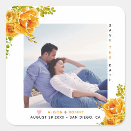 Orangefarbene Blume, grüne Blätter und Foto Quadratischer Aufkleber