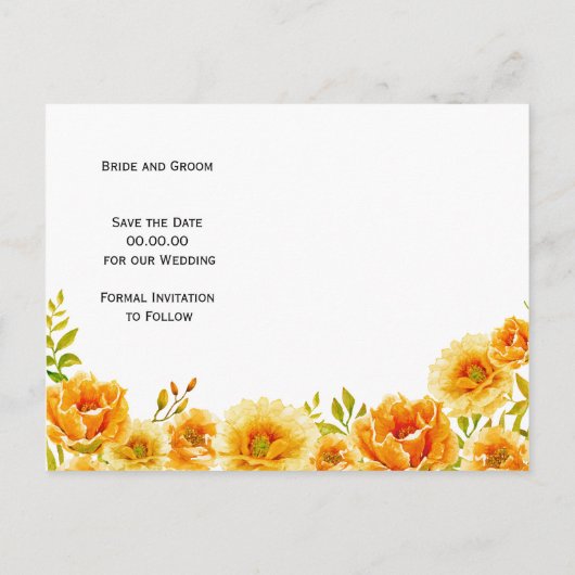 Orangefarbene Blume Hochzeit Speichern Sie das Dat Ankündigungspostkarte (Rückseite)