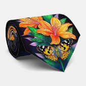 Orangefarbene Blume im schwarzen Sternenhimmel Krawatte (Gerollt)