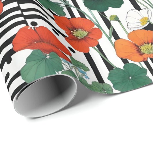 Orangefarbene Blume in Weiß und Schwarz Geschenkpapier (Rolleneckpunkt)