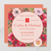 Orangefarbene Blume mit Blumenkranz Chinesische Ho Save The Date (Vorne/Hinten)