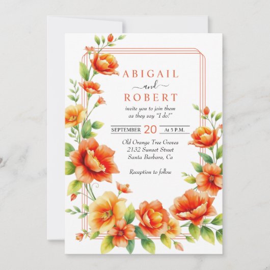 Orangefarbene Blume mit Blumenrahmen, Hochzeitsfei Einladung (Vorderseite)