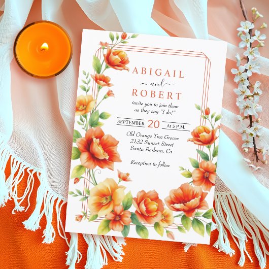 Orangefarbene Blume mit Blumenrahmen, Hochzeitsfei Einladung