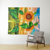 Orangefarbene Blume mit grünen Blätter - Sonnenblu Wandteppich (Beispiel (Horizontal))