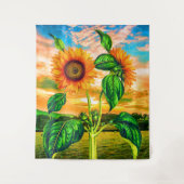 Orangefarbene Blume mit grünen Blätter - Sonnenblu Wandteppich (Vorderseite)