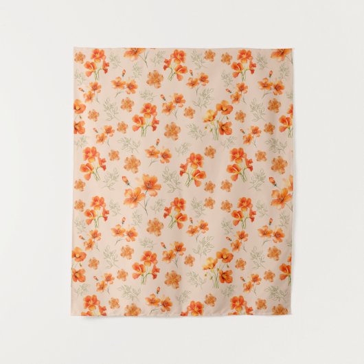 Orangefarbene Blume mit grünen Blätter Wandteppich (Vorderseite)