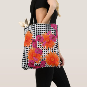 Orangefarbene Blume Schwarz-weißer Karo Totbeutel Tasche