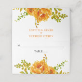 Orangefarbene Blume und Blätter Hochzeit Platzkarte (Außenseite Aufgefaltet)