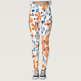Orangefarbene Blume und blaues Blätter Leggings
