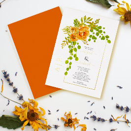 Orangefarbene Blume und Bogen Hochzeit echter Gold Folieneinladung