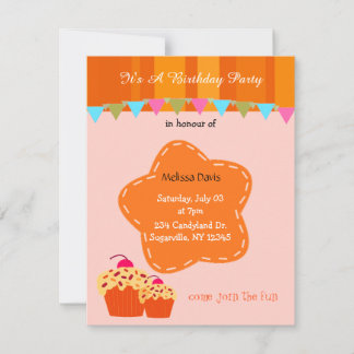 Orangefarbene Blume und Cupcake zum Geburtstag Ein Einladung