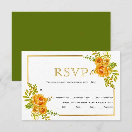 Orangefarbene Blume und Goldrahmen RSVP Karte (Vorne/Hinten)