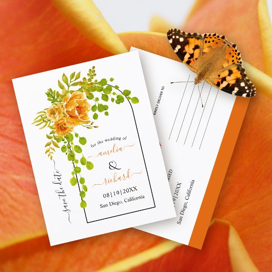 Orangefarbene Blume und Hochzeit im Herbst Save th Postkarte