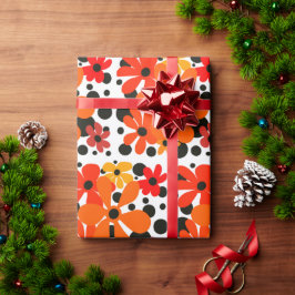 Orangefarbene Blume und schwarze Polka-Punkte Geschenkpapier