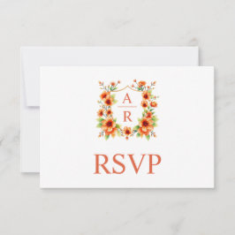 Orangefarbene Blume Wappen und QR-Code Hochzeit RSVP Karte