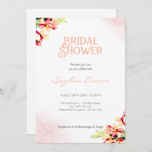 Orangefarbene Blume Weißes Brautparty Einladung (Vorne/Hinten)