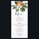 Orangefarbene Blüte elegante grüne Aquarellfarbe Menükarte<br><div class="desc">Botanisches zitruskisches Hochzeitsmenü,  Orangenblussel,  Süsse,  Wasserfarbe. Amalfi Positano Thema Hochzeit.</div>