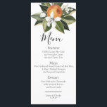 Orangefarbene Blüte elegante grüne Aquarellfarbe Menükarte<br><div class="desc">Botanisches zitruskisches Hochzeitsmenü,  Orangenblussel,  Süsse,  Wasserfarbe. Amalfi Positano Thema Hochzeit.</div>