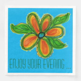 Orangefarbene Blüte mit dunkelgrün und blau Serviette