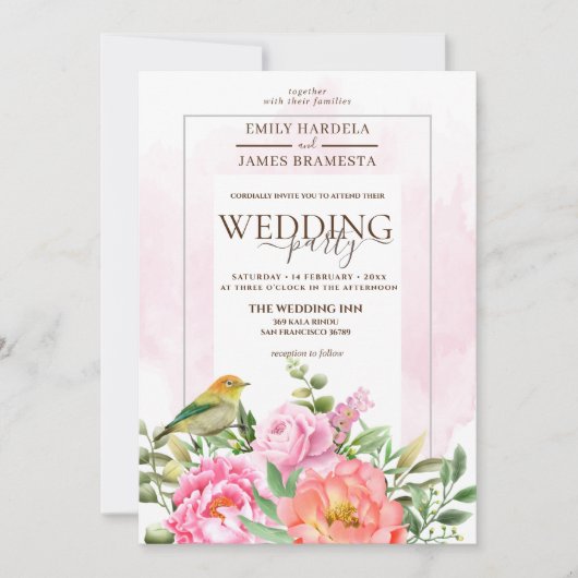 Orangefarbene Blüte mit Hochzeit von Bird Water co Einladung (Vorderseite)