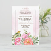 Orangefarbene Blüte mit Hochzeit von Bird Water co Einladung (Stehend Vorderseite)