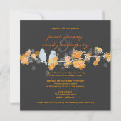 Orangefarbene Blüten+Liebesvögel/DJ-Hintergrundfar Einladung (Rückseite)