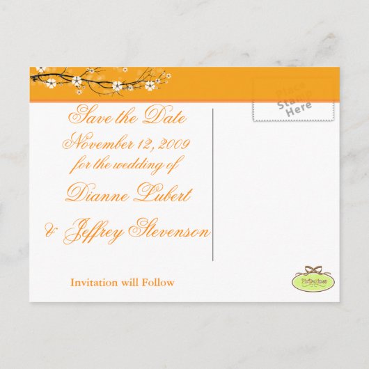 Orangefarbene Blüten Save the Date Postkarten (Rückseite)