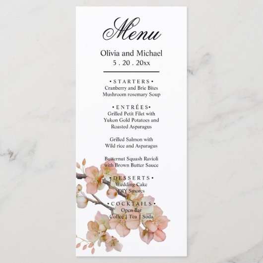 Orangefarbene Blütenblüten, elegante Schrift Menükarte (Vorderseite)