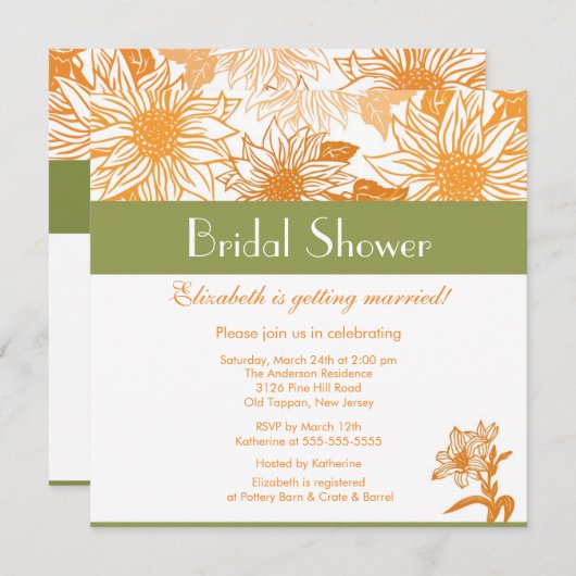 Orangefarbene Blütendusche Einladung (Vorne/Hinten)