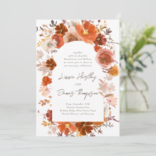 Orangefarbene Botanische Arche Hochzeit Einladung (Stehend Vorderseite)