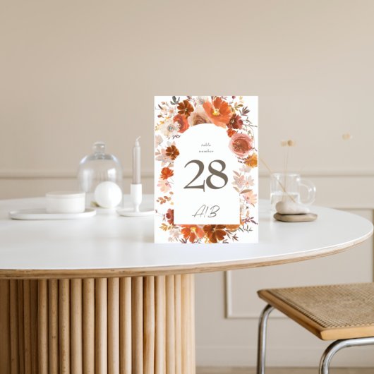Orangefarbene Botanische Arche Hochzeit Tischnummer