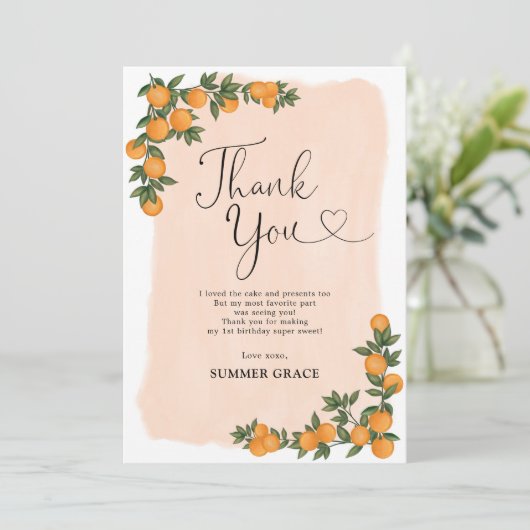 Orangefarbene botanische Zitrusfrüchte Süsse Gebur Dankeskarte (Stehend Vorderseite)