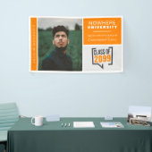 Orangefarbene Boxen und Foto-Abschluss-Banner Banner (Messeveranstaltung)