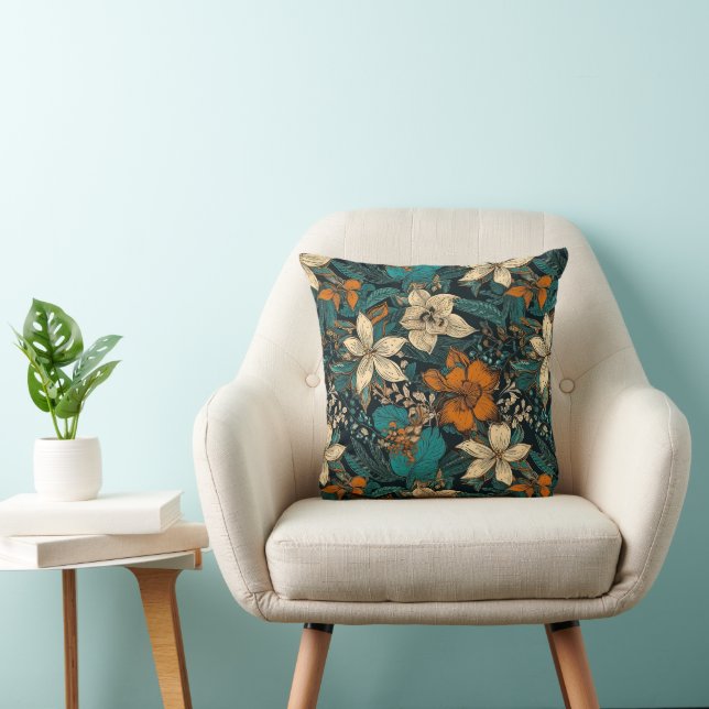 Orangefarbene Creme und grüne Batik Florals Kissen (Stuhl )