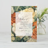 Orangefarbene, cremige und moss grüne Blumenhochze Einladung (Stehend Vorderseite)