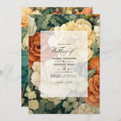 Orangefarbene, cremige und moss grüne Blumenhochze Einladung (Vorne/Hinten)
