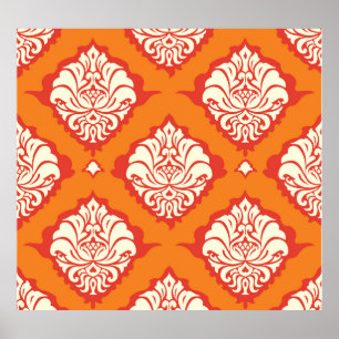 Orangefarbene Damast Tapete: nahtlos blühend. Poster
