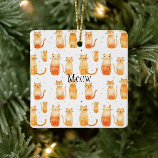 Orangefarbene Dosen und Katzen Mittlere Geschenktü Keramikornament (Baum)