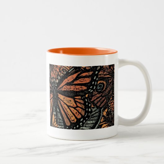 Orangefarbene Fantasie abstrakte Kunst Zweifarbige Tasse (Rechts)