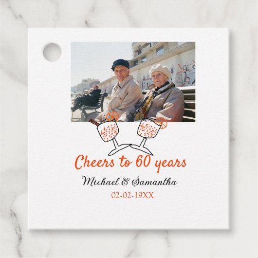 Orangefarbene Feier bis 60 Jahre Hochzeit Geschenkanhänger (Vorderseite)