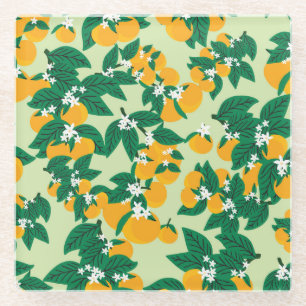 Orangefarbene Früchte: Vintages grünes Muster. Glasuntersetzer