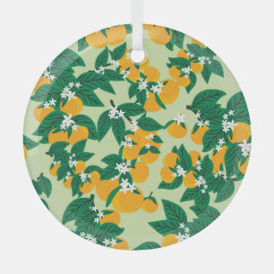 Orangefarbene Früchte: Vintages grünes Muster. Ornament Aus Glas