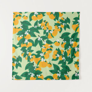 Orangefarbene Früchte: Vintages grünes Muster. Wandteppich