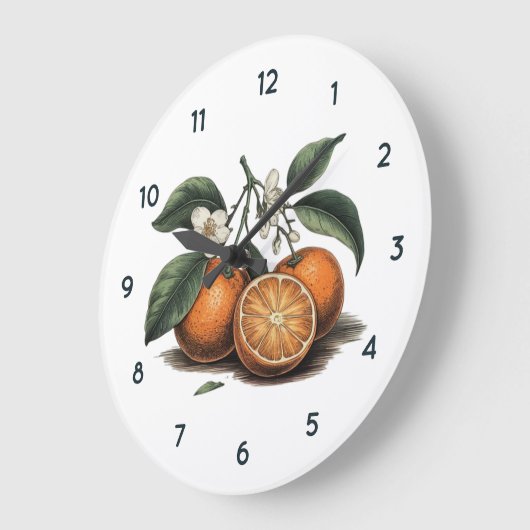 Orangefarbene Fruchtuhr mit schwarzen Zahlen Große Wanduhr (Winkel)