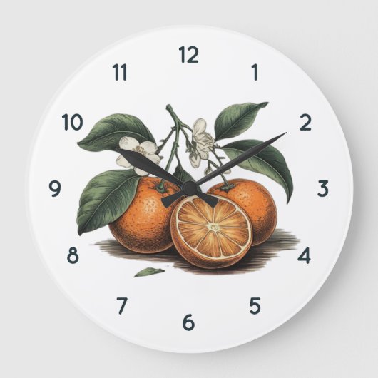 Orangefarbene Fruchtuhr mit schwarzen Zahlen Große Wanduhr (Vorderseite)