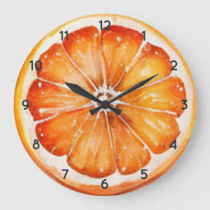 Orangefarbene Fruchtuhr mit schwarzen Zahlen Große Wanduhr