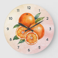 Orangefarbene Fruchtuhr mit schwarzen Zahlen